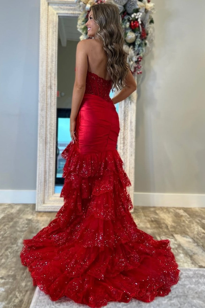 Red Strapless V-Neck Mermaid Pleated Layered Long Prom Dress with Slit