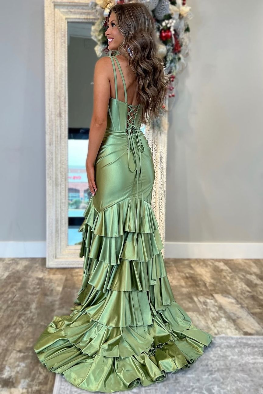 Mermaid V-Neck Straps Layered Satin Sleeveless Long Prom Dress with Slit