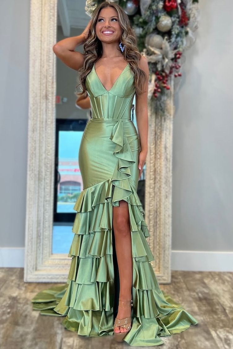 Mermaid V-Neck Straps Layered Satin Sleeveless Long Prom Dress with Slit