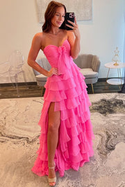 Pink Strapless A-Line Layered Chiffon Side Slit Formal Prom Dress