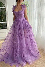 Stunning A-Line Straps 3D Appliques Pleated Formal Prom Dress with Slit