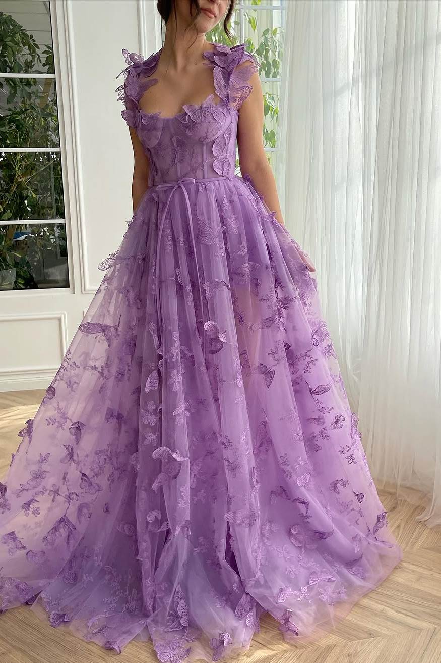 Stunning A-Line Straps 3D Appliques Pleated Formal Prom Dress with Slit