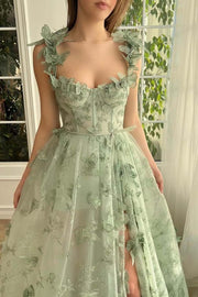 Stunning A-Line Straps 3D Appliques Pleated Formal Prom Dress with Slit