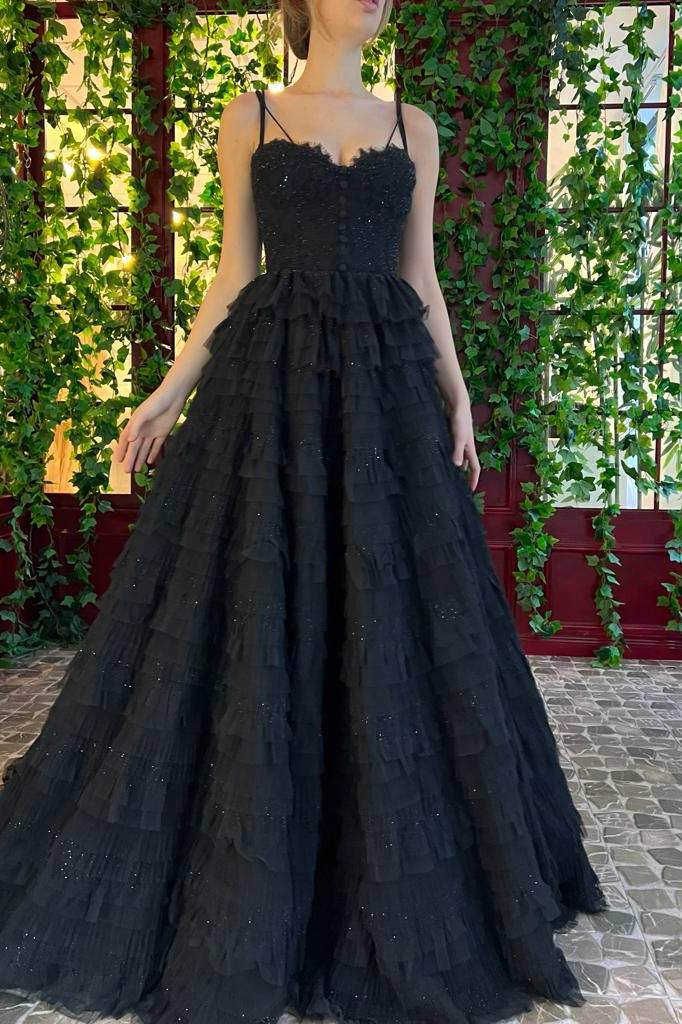 Black A-Line Sweetheart Layered Tulle Empire-Waist Sleeveless Prom Dress