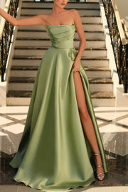 Satin A-Line Scoop Empire-Waist Pleated Satin High Slit Formal Prom Dress