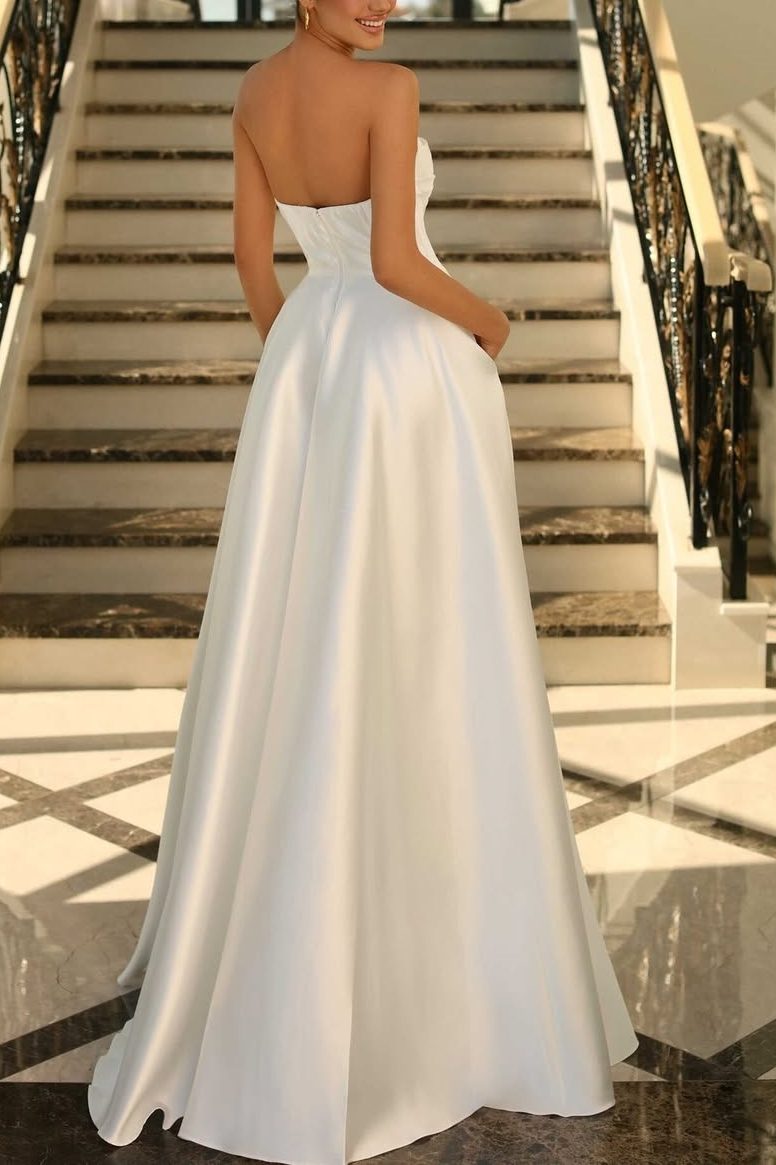 Satin A-Line Scoop Empire-Waist Pleated Satin High Slit Formal Prom Dr Modsele Satin A-Line Scoop Empire-Waist Pleated Satin High Slit Formal Prom Dr Modsele