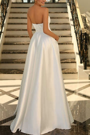 Satin A-Line Scoop Empire-Waist Pleated Satin High Slit Formal Prom Dress