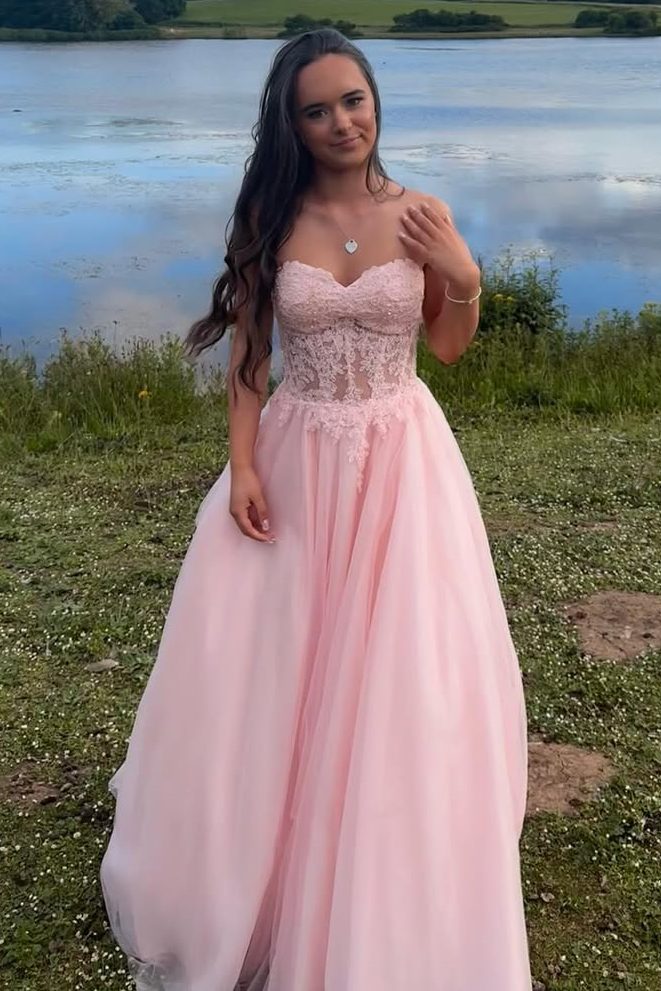 Pink Strapless Sweetheart Appliques Sleeveless A-Line Prom Dress