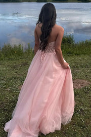 Pink Strapless Sweetheart Appliques Sleeveless A-Line Prom Dress