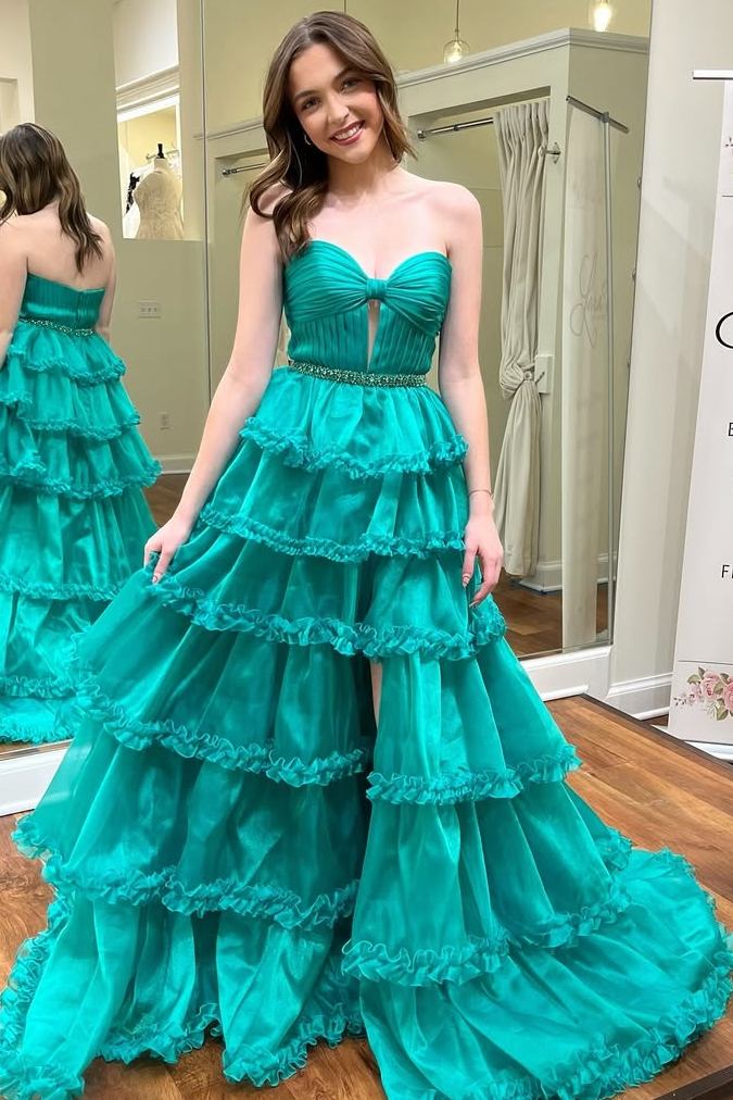 A-Line Strapless Keyhole Empire-Waist Layered Prom Dress with Slit Modsele A-Line Strapless Keyhole Empire-Waist Layered Prom Dress with Slit Modsele