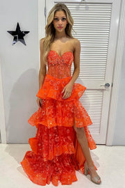 Orange Strapless A-Line Sweetheart Layered Appliques Prom Dress with Slit