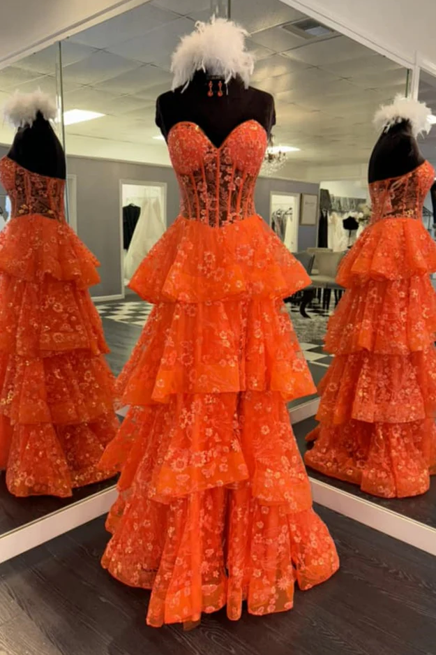 Orange Strapless A-Line Sweetheart Layered Appliques Prom Dress with Slit