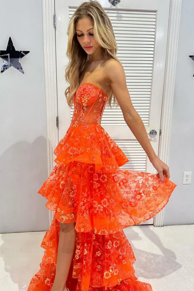 Orange Strapless A-Line Sweetheart Layered Appliques Prom Dress with Slit