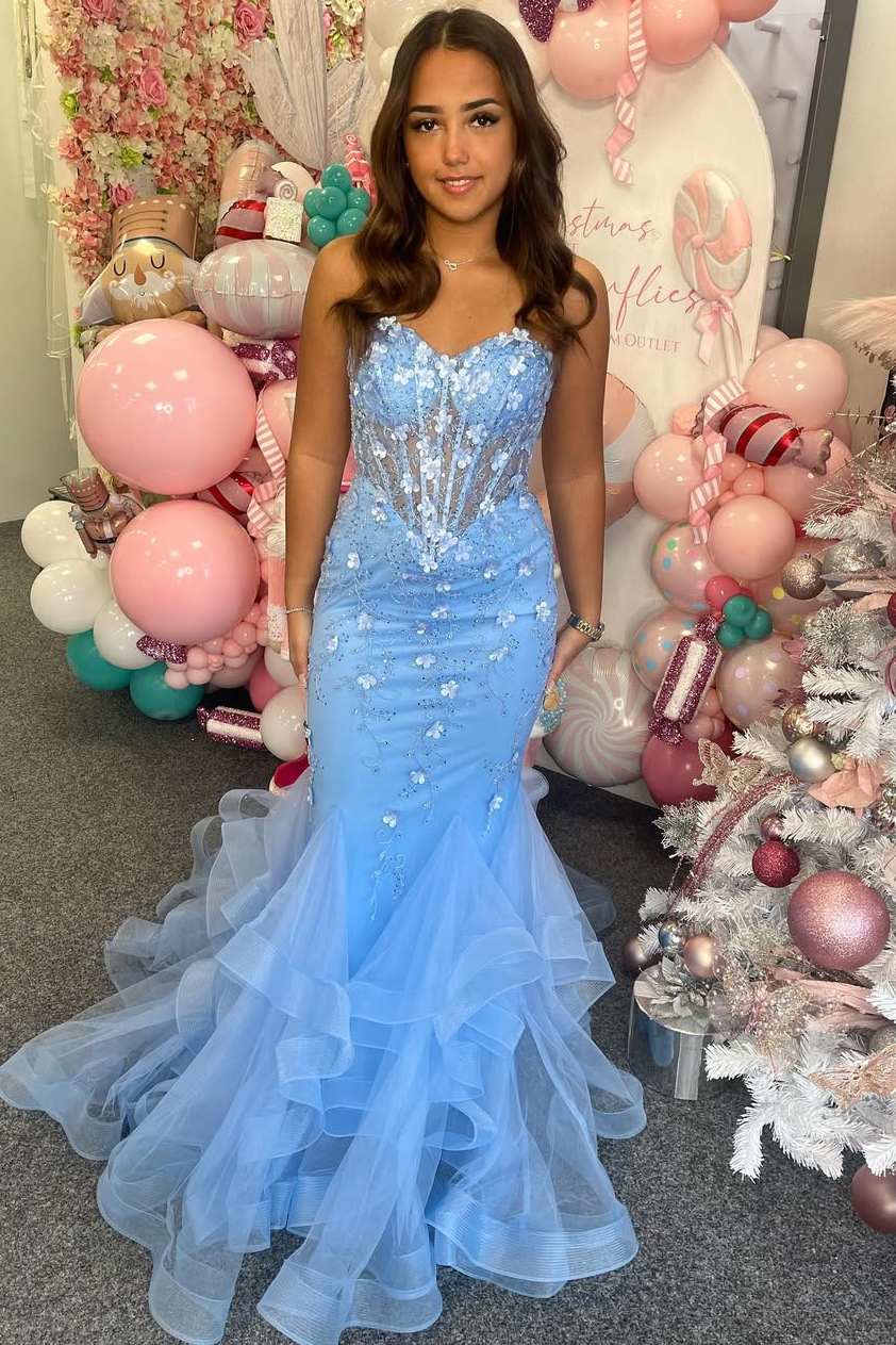 Blue Strapless Appliques Sweetheart Ruffles Mermaid Long Prom Dress