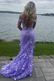 Off-Shoulder V-Neck Lace Appliques Mermaid Prom Dress with Slit