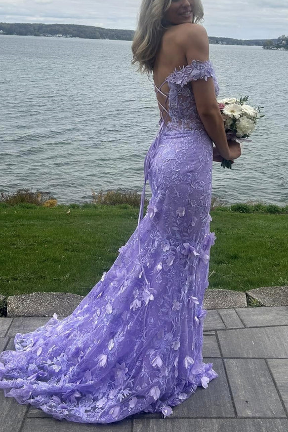 Off-Shoulder V-Neck Lace Appliques Mermaid Prom Dress with Slit