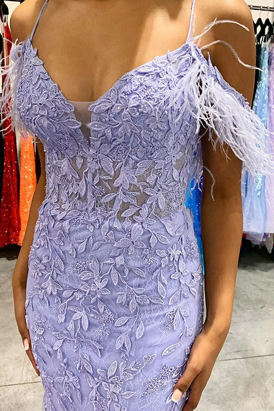 Lilac Cold Shoulder Lace Appliques Mermaid Prom Dress with Feathers