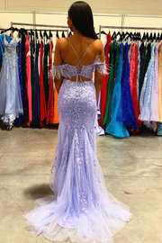 Lilac Cold Shoulder Lace Appliques Mermaid Prom Dress with Feathers