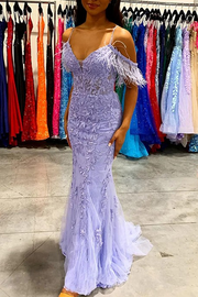 Lilac Cold Shoulder Lace Appliques Mermaid Prom Dress with Feathers