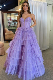 Strapless Sweetheart A-Line Empire-Waist Layered Tulle Long Prom Dress