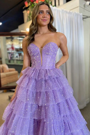 Strapless Sweetheart A-Line Empire-Waist Layered Tulle Long Prom Dress