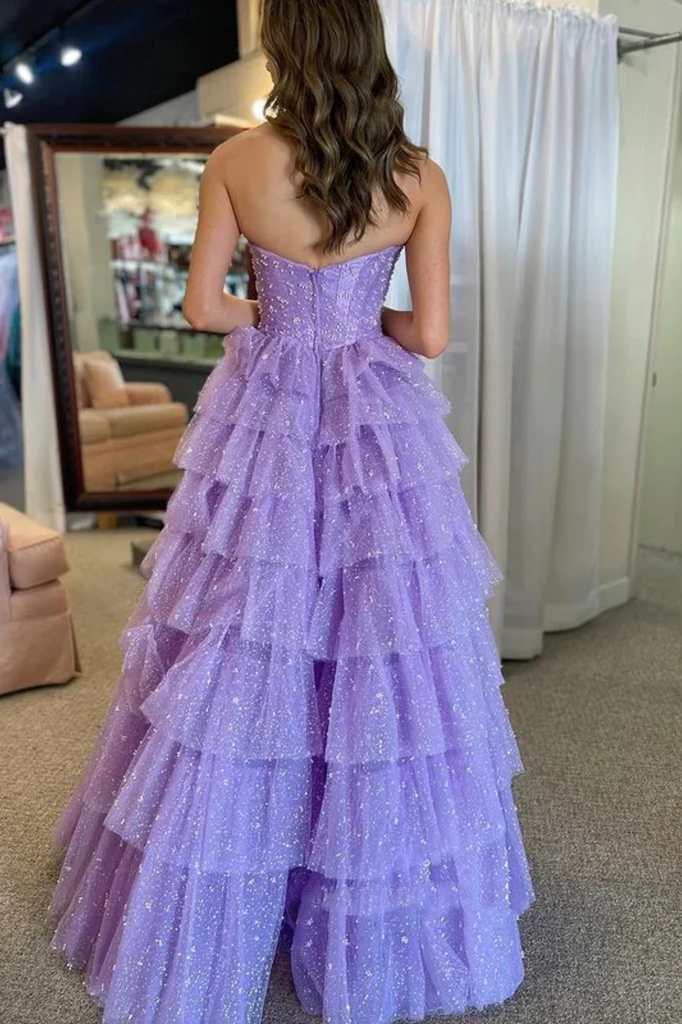 Strapless Sweetheart A-Line Empire-Waist Layered Tulle Long Prom Dress