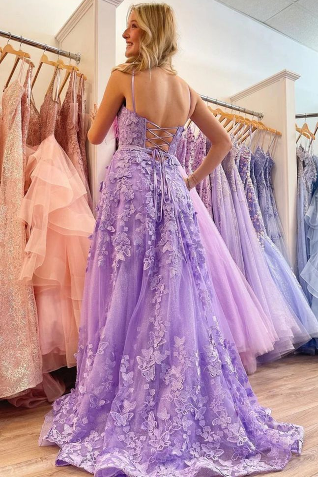 A-Line Spaghetti Straps Lace Appliques Empire-Waist Prom Dress with Slit