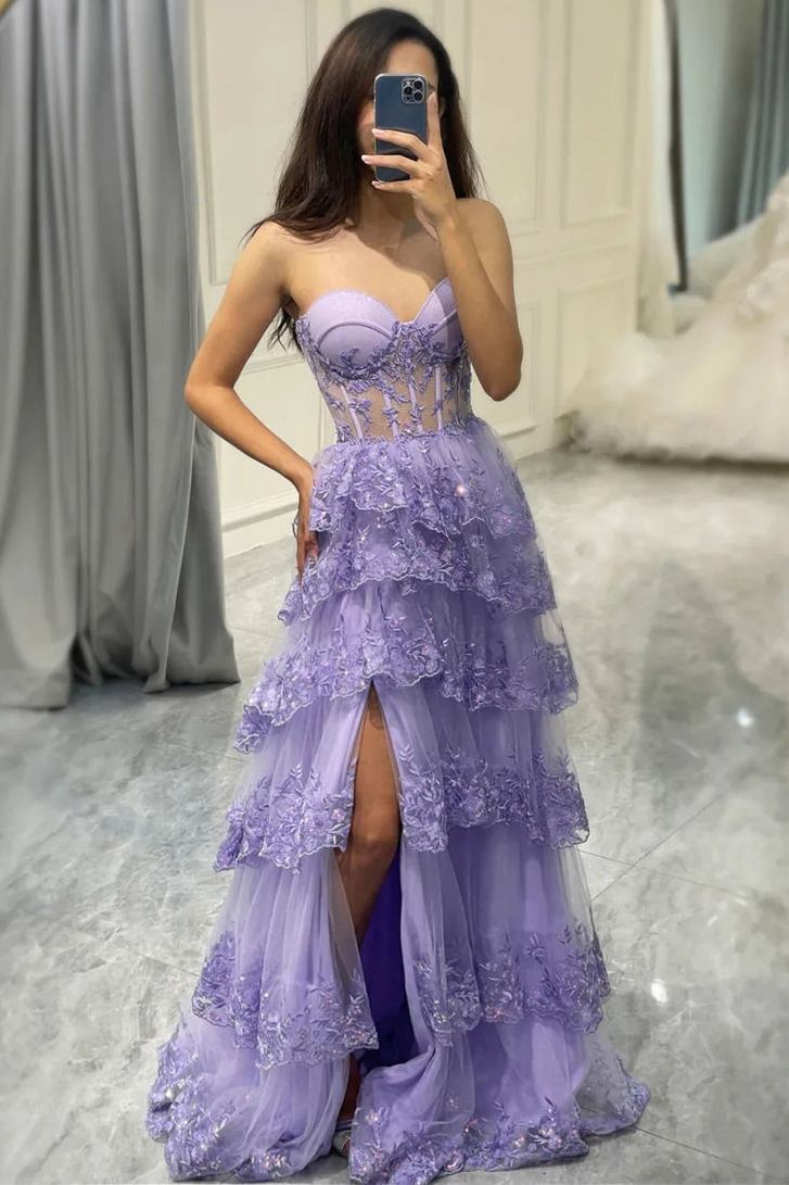 A-Line Strapless Appliques Sweetheart Layered Prom Dress with Slit