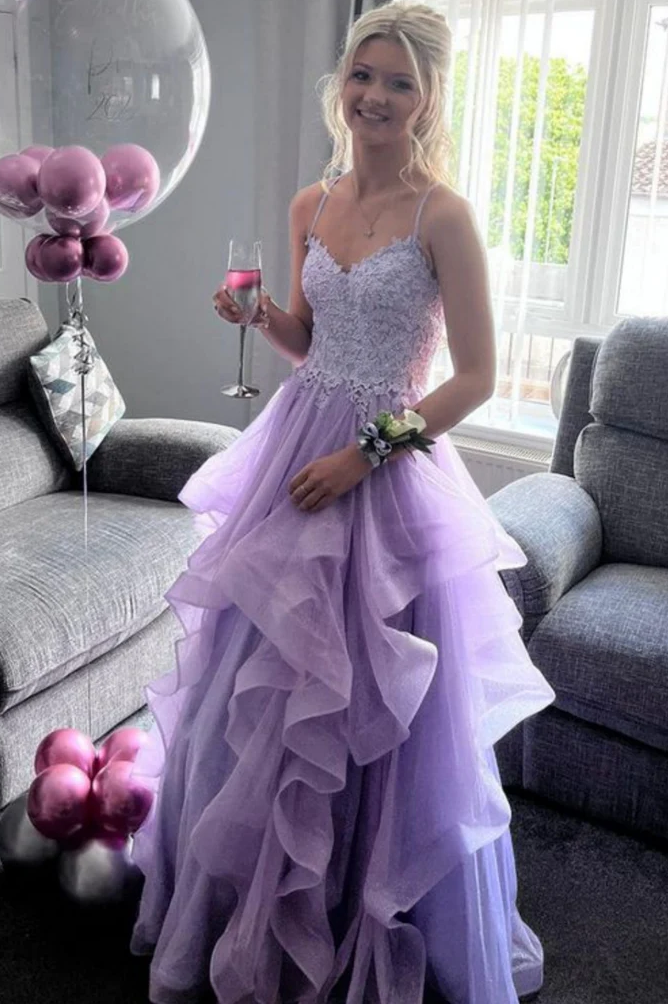 Spaghetti Straps V-Neck Ruffles Empire-Waist Sleeveless Formal Prom Dr –  Modsele