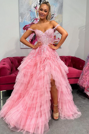 Off-Shoulder Sweetheart Appliques Ruffles Tulle Layered Prom Dress with Slit