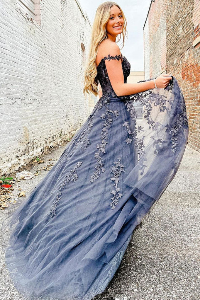 Black Off-Shoulder Sweetheart A-Line Lace Appliques Prom Dress with Slit