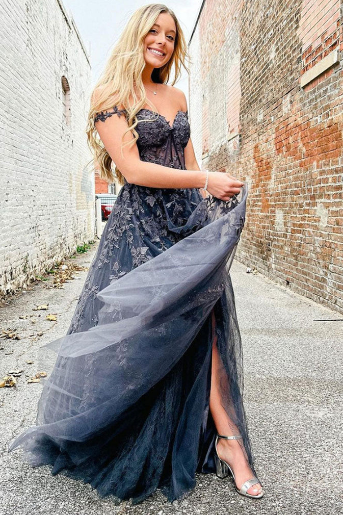 Black Off-Shoulder Sweetheart A-Line Lace Appliques Prom Dress with Slit