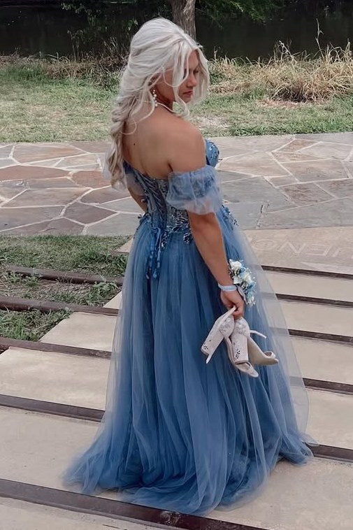 A-Line Off-Shoulder Sweetheart Empire-Waist Tulle Formal Prom Dress