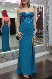 Strapless Sweetheart Mirror-Cut Sequins Pleated Prom Dress with Slit