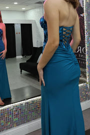 Strapless Sweetheart Mirror-Cut Sequins Pleated Prom Dress with Slit