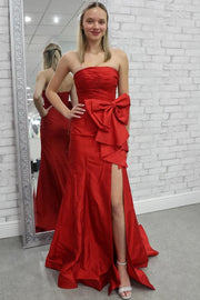 Red Strapless Mermaid Big Bow Satin Pleated Formal Prom Dress with Slit