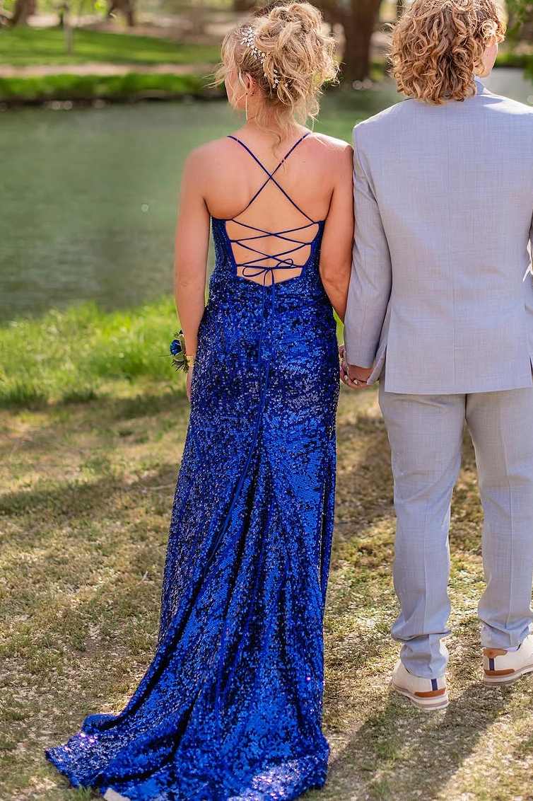 Royal Blue Spaghetti Straps V-Neck Sequined Mermaid Prom Dress with Slit