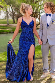 Royal Blue Spaghetti Straps V-Neck Sequined Mermaid Prom Dress with Slit