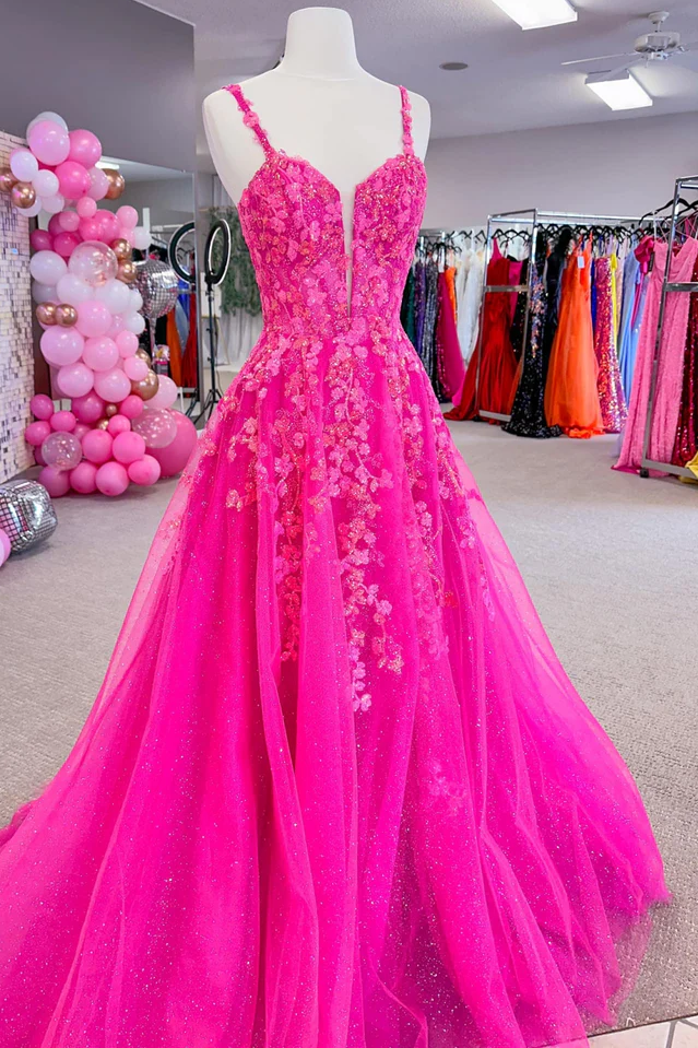 Hot Pink Straps A-Line V-Neck Lace Appliques Tulle Long Prom Dress