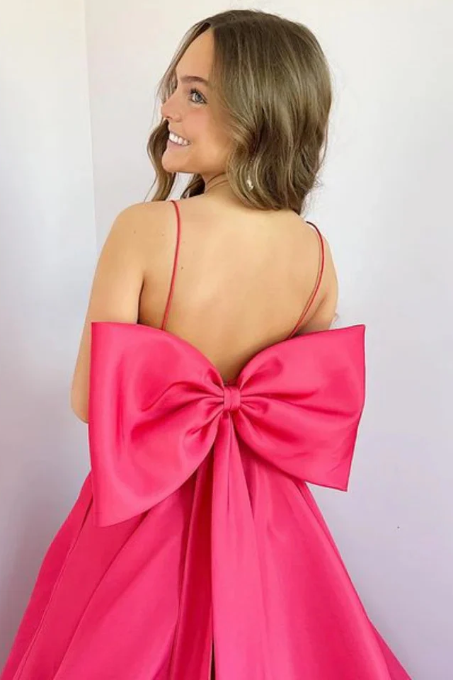 A-Line Spaghetti Straps Big Bow Scoop Neck Satin Formal Prom Dress