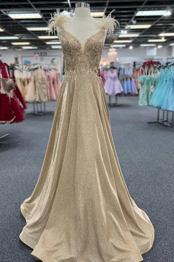 Gold A-Line V-Neck Appliques Feathers Pleated Glitter Prom Formal Dres   Modsele