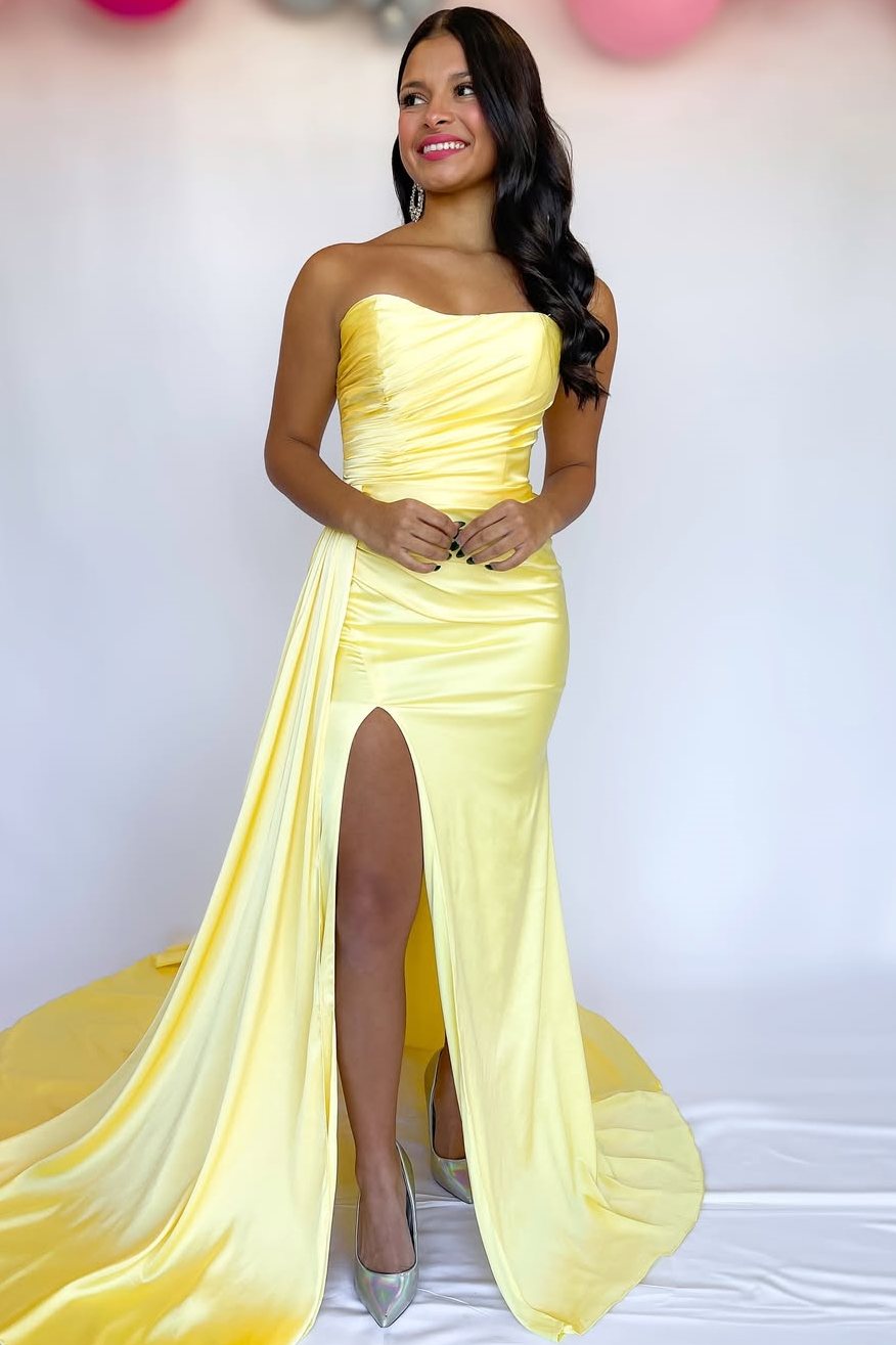 Strapless Pleated Satin Sleeveless Formal Prom Dress with Slit