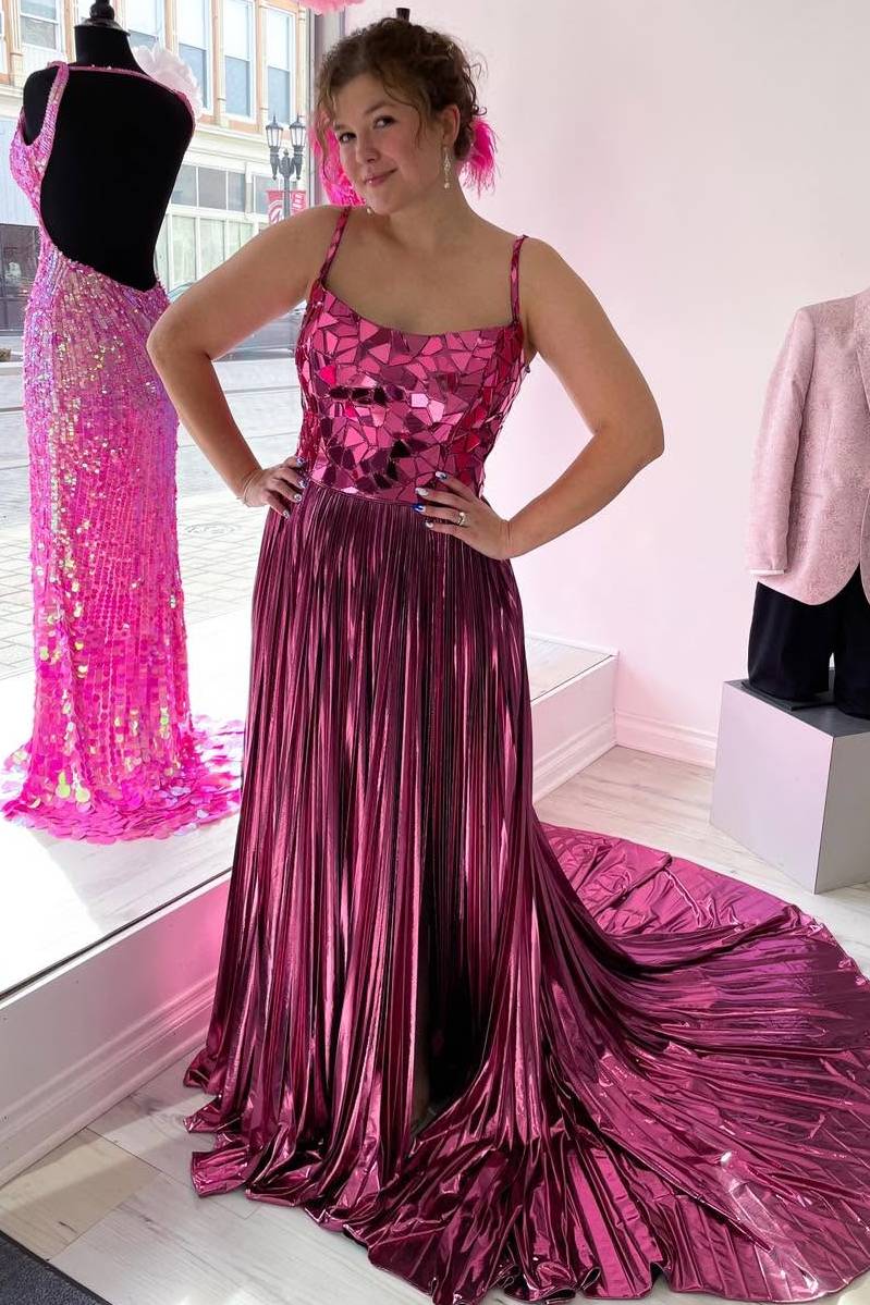 Spaghetti Straps Mirror-Cut Sequins Pleated Metallic Long Prom Dress