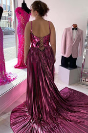 Spaghetti Straps Mirror-Cut Sequins Pleated Metallic Long Prom Dress