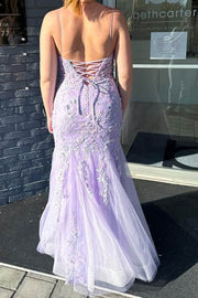 Lilac Spaghetti Straps Scoop Lace Appliques Mermaid Prom Dress