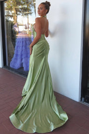 Halter Mermaid Satin Pleated Sleeveless Long Formal Prom Dress