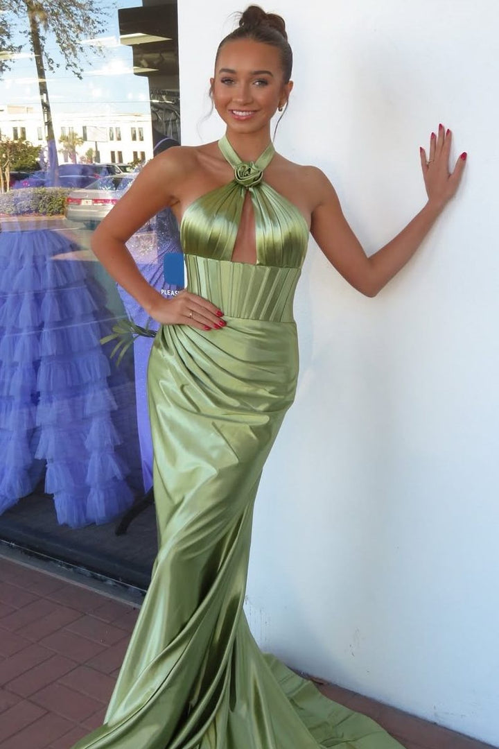 Halter Mermaid Satin Pleated Sleeveless Long Formal Prom Dress