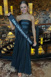 Black Strapless A-Line Scoop Neck Pleated Long Prom Formal Dress