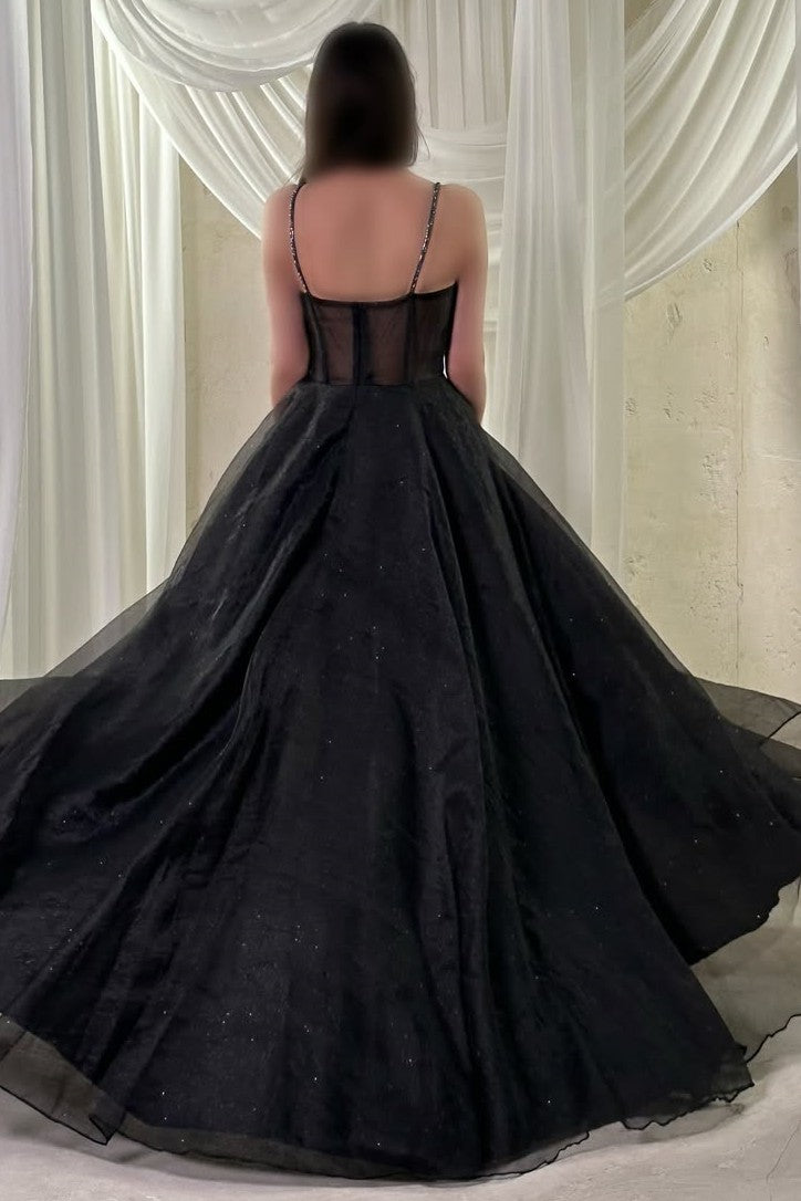 Black A-Line Straps Sweetheart Empire-Waist Tulle Prom Formal Dress with Slit