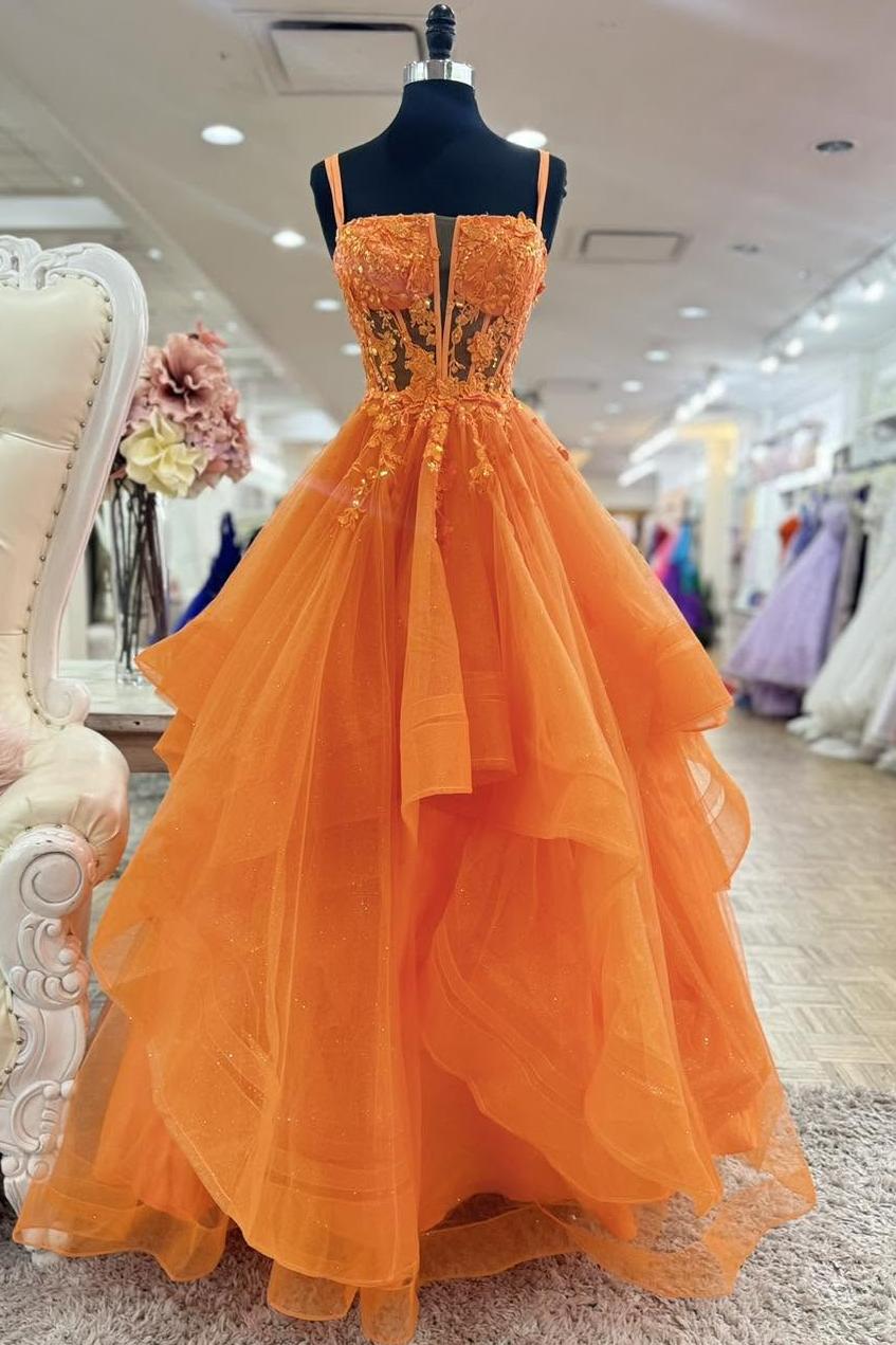 A-Line Spaghetti Straps V-Neck Appliques Ruffles Long Prom Dress